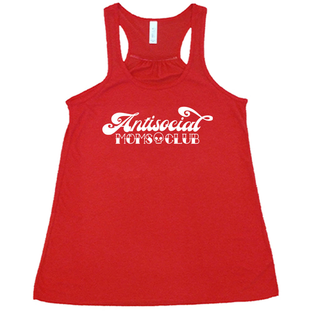 Red colored flowy tank with a small skull graphic on it that says "Antisocial Moms Club" 