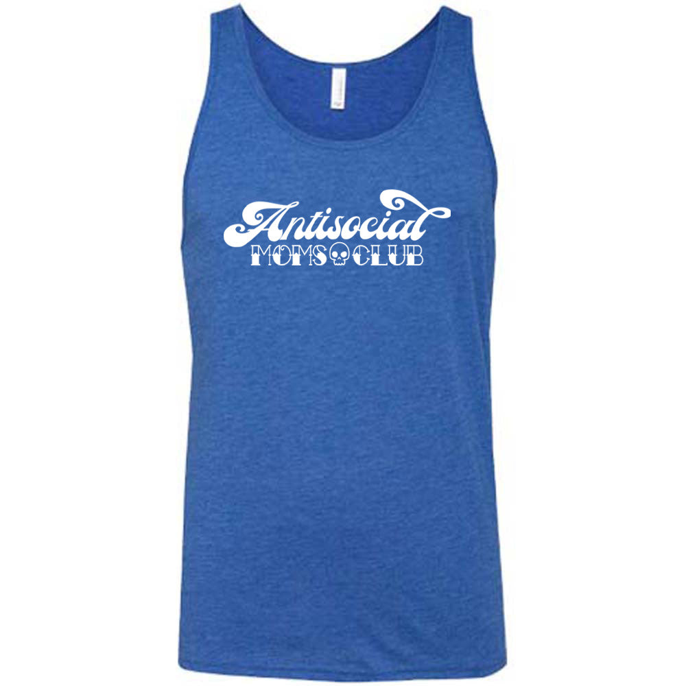 Blue colored tank with a small skull graphic on it that says "Antisocial Moms Club" 
