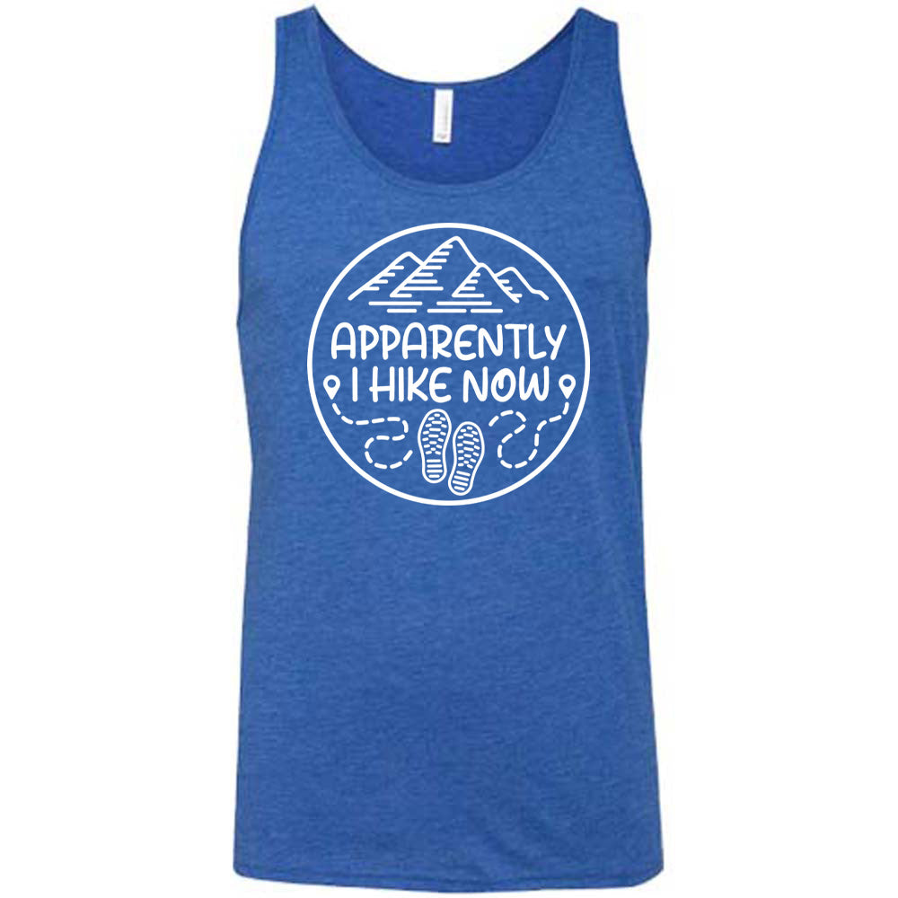 Blue colored tank with a mountain and shoes graphic on it that says "Apparently I Hike Now" 