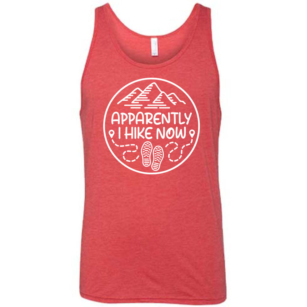 Red colored tank with a mountain and shoes graphic on it that says "Apparently I Hike Now" 