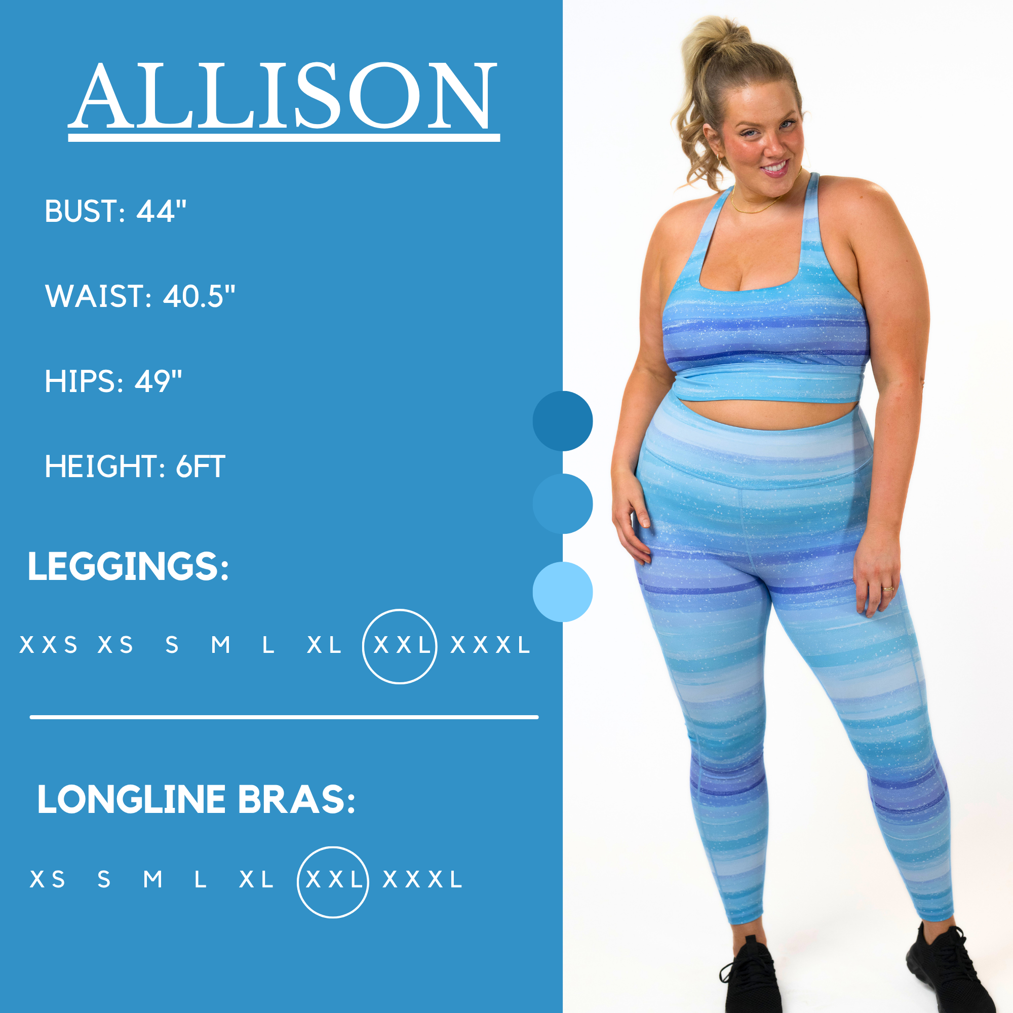 Model's measurements of 44 inch bust, 40.5 inch waist, 49 inch hips, and height of 6 foot. She is wearing a size xx-large in our leggings