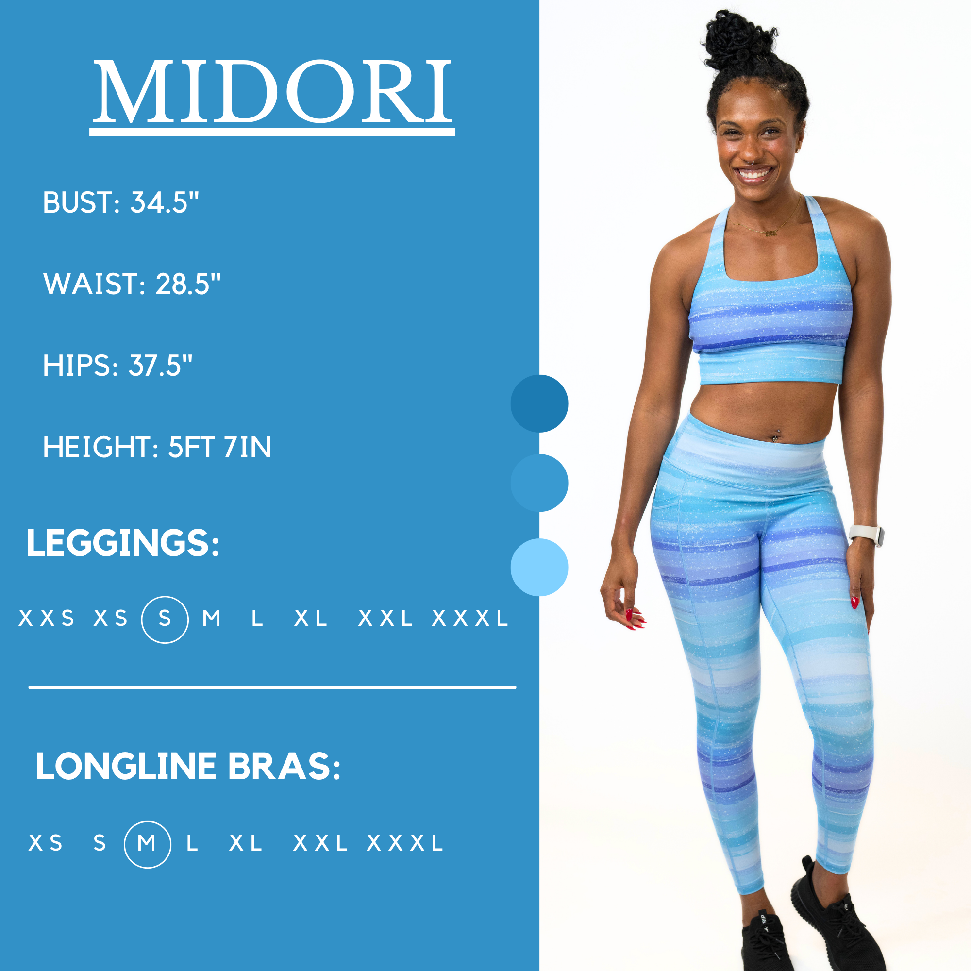 Model’s measurements of 34.5” bust, 28.5” waist, 37.5” hips and height of 5 ft 7 inches. She is wearing a size small in our leggings