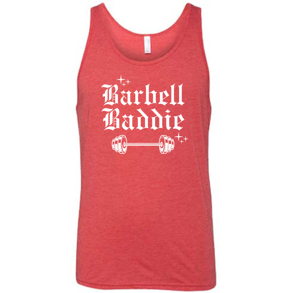 red shirt with the text "Barbell Baddie" on it