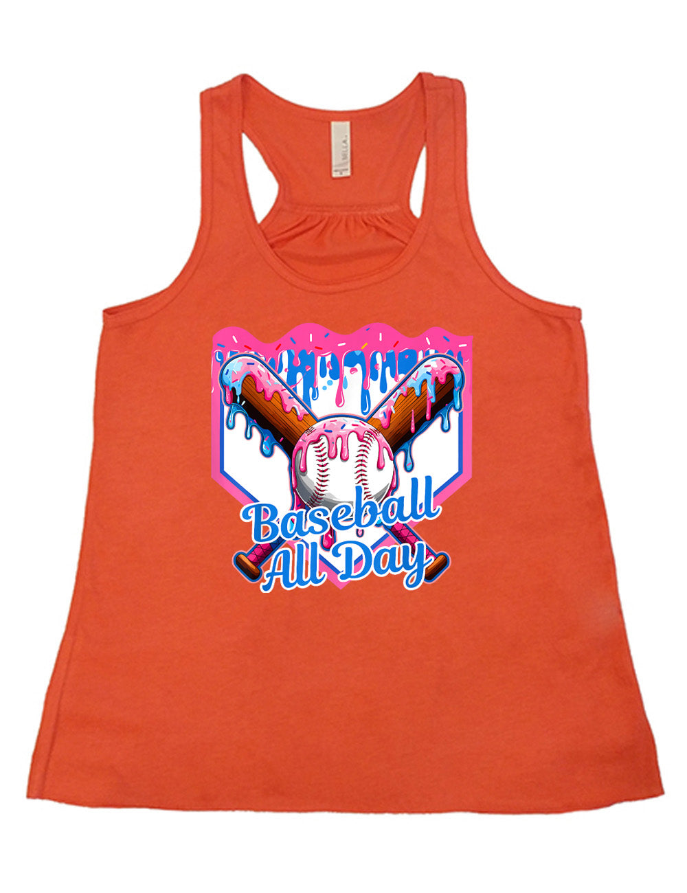coral flowy racerback tank with the graphic of a dripping baseball diamond, with the graphic of a dripping baseball with two dripping baseball bats behind it, and the words "baseball all day" on it