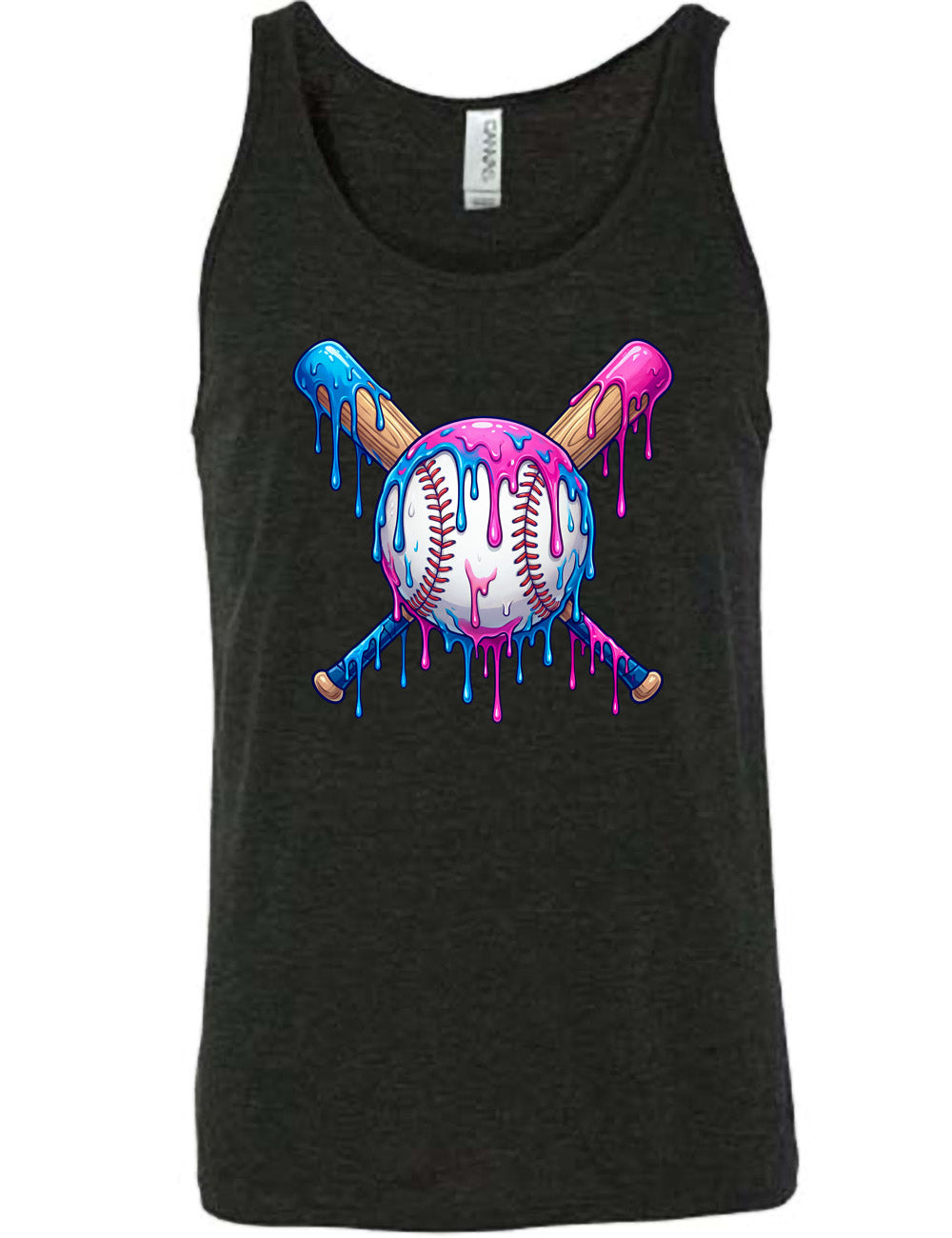 black unisex tank with the graphic of a baseball with two bats crossed behind it, and all of it dripping with blue and pink