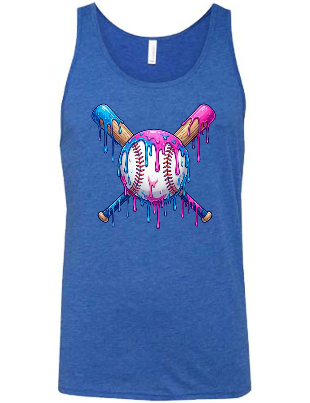 blue unisex tank with the graphic of a baseball with two bats crossed behind it, and all of it dripping with blue and pink