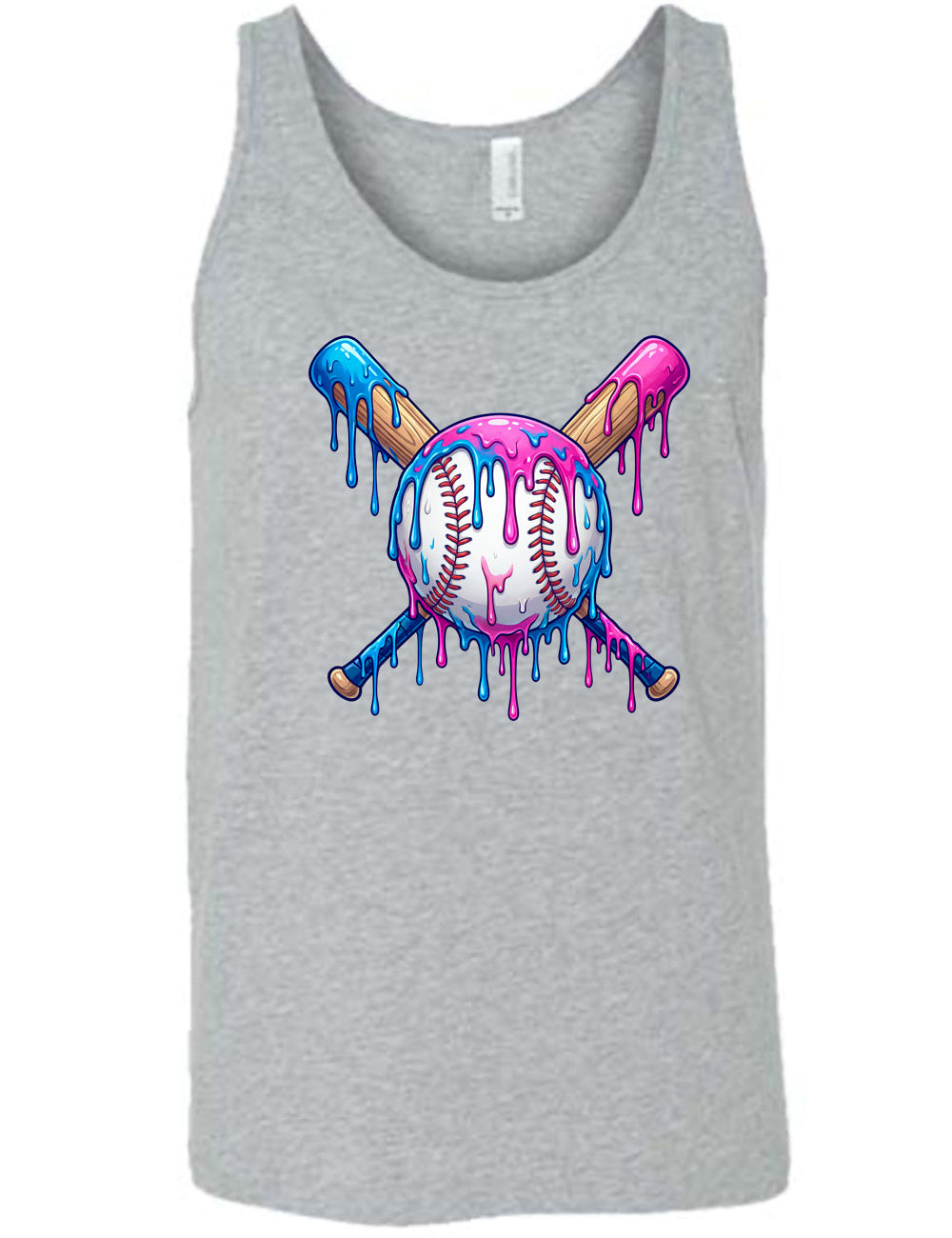 grey unisex tank with the graphic of a baseball with two bats crossed behind it, and all of it dripping with blue and pink