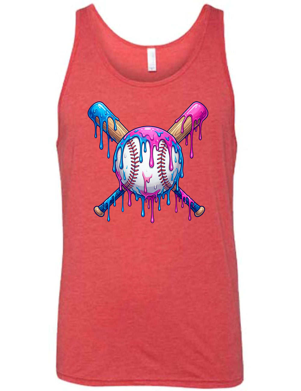 red unisex tank with the graphic of a baseball with two bats crossed behind it, and all of it dripping with blue and pink
