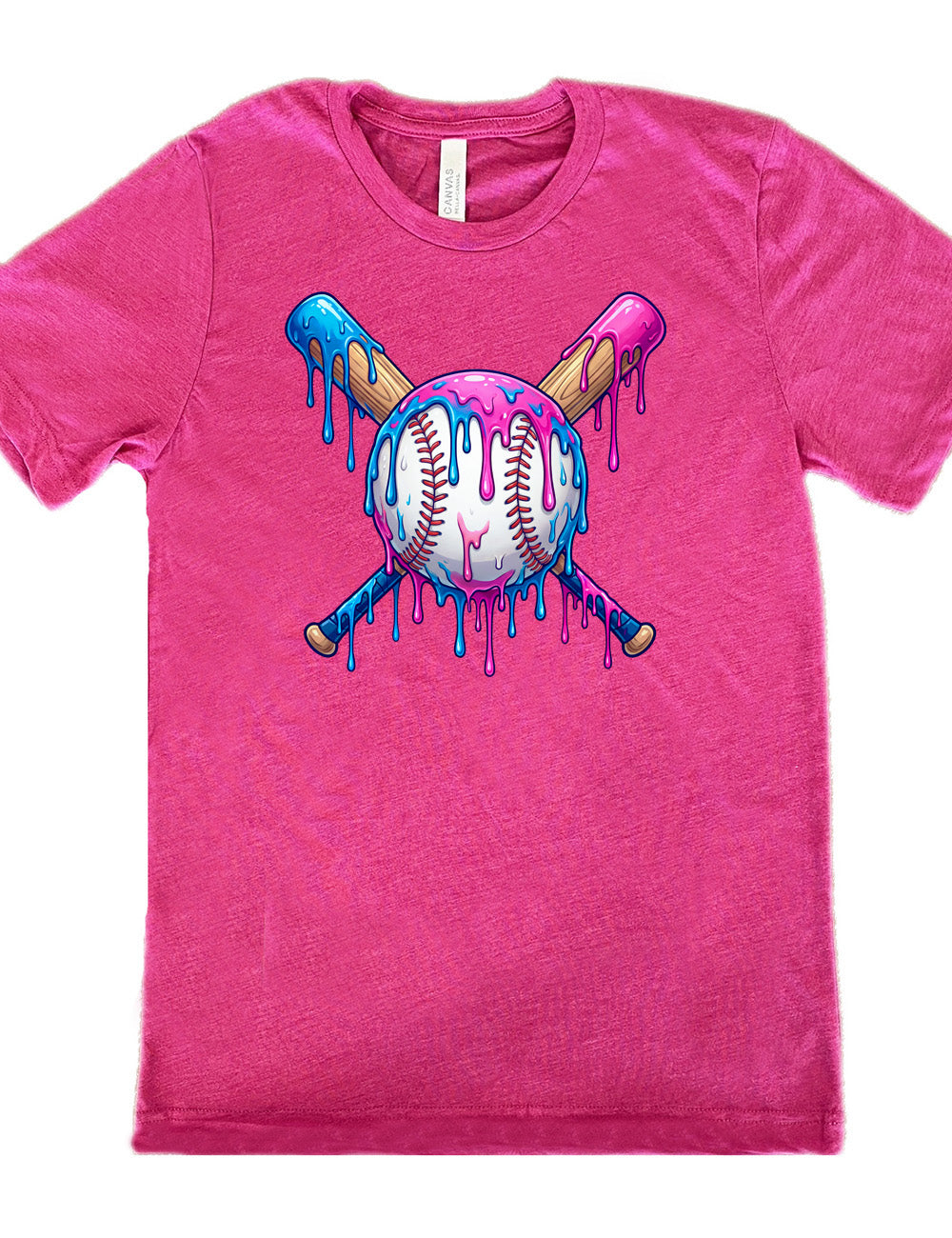 berry unisex tee with the graphic of a baseball with two bats crossed behind it, and all of it dripping with blue and pink