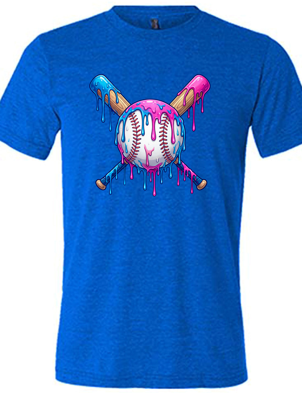 blue unisex tee with the graphic of a baseball with two bats crossed behind it, and all of it dripping with blue and pink