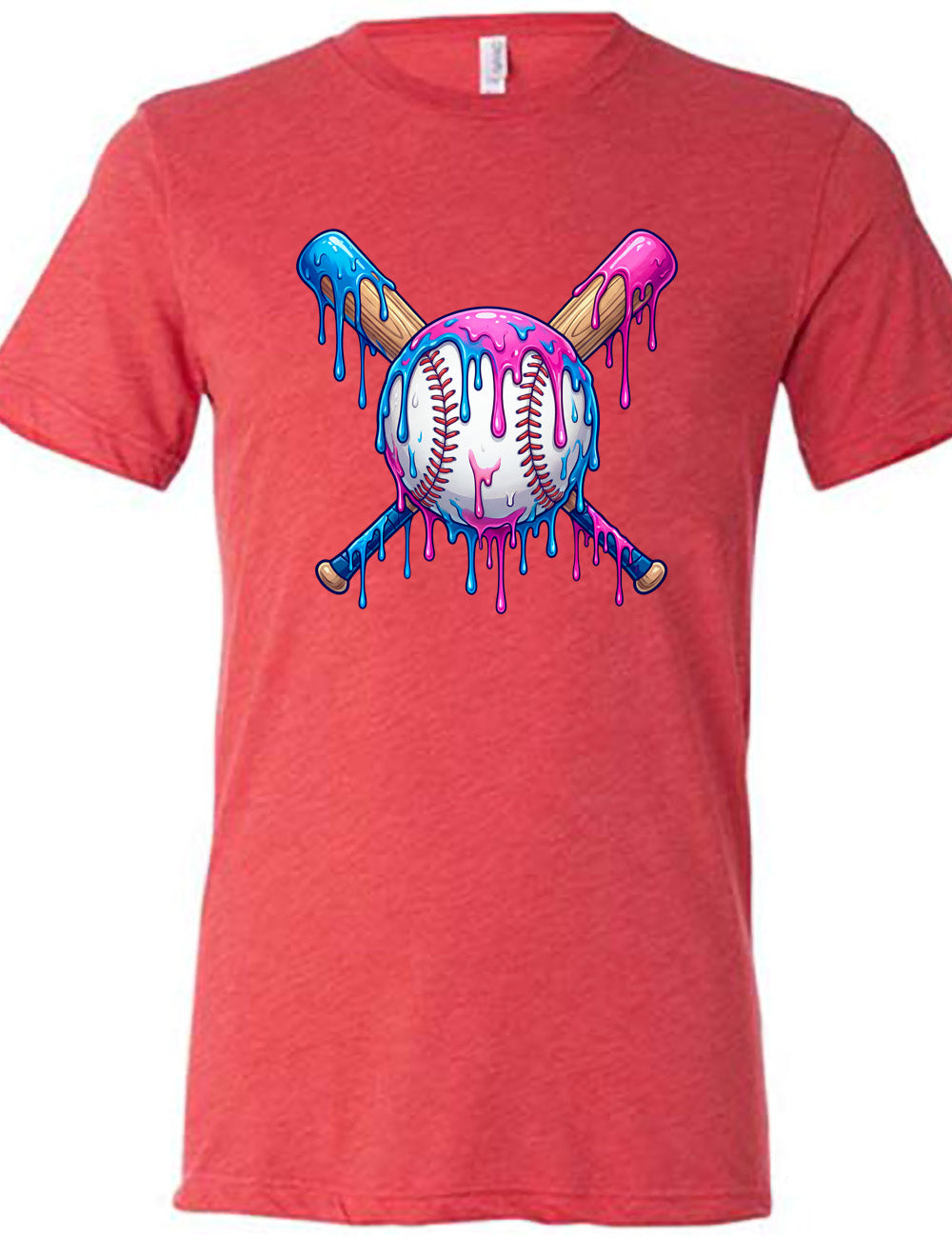 red unisex tee with the graphic of a baseball with two bats crossed behind it, and all of it dripping with blue and pink