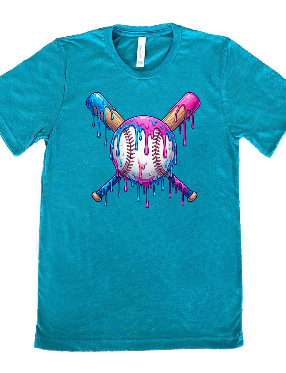 teal unisex tee with the graphic of a baseball with two bats crossed behind it, and all of it dripping with blue and pink