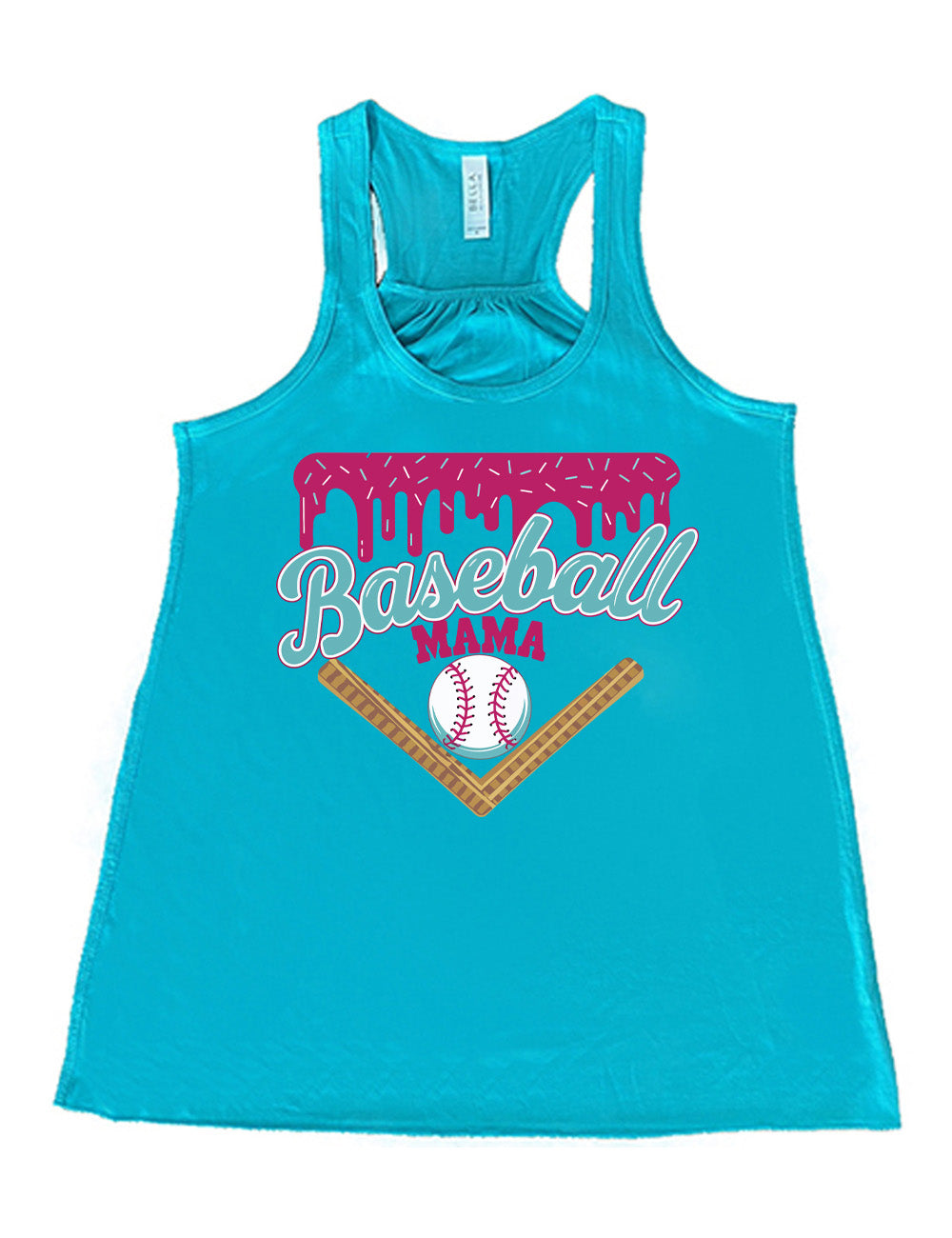teal flowy racerback tank with the words "baseball mama" on it, with a border with sprinkles above the words, dripping down, and a baseball underneath the words, and a border in a V below everything