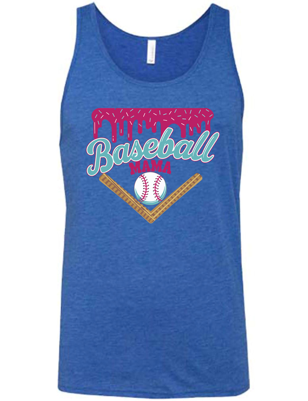 blue unisex tank with the words "baseball mama" on it, with a border with sprinkles above the words, dripping down, and a baseball underneath the words, and a border in a V below everything