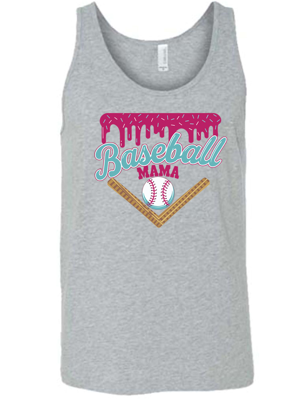 grey unisex tank with the words "baseball mama" on it, with a border with sprinkles above the words, dripping down, and a baseball underneath the words, and a border in a V below everything