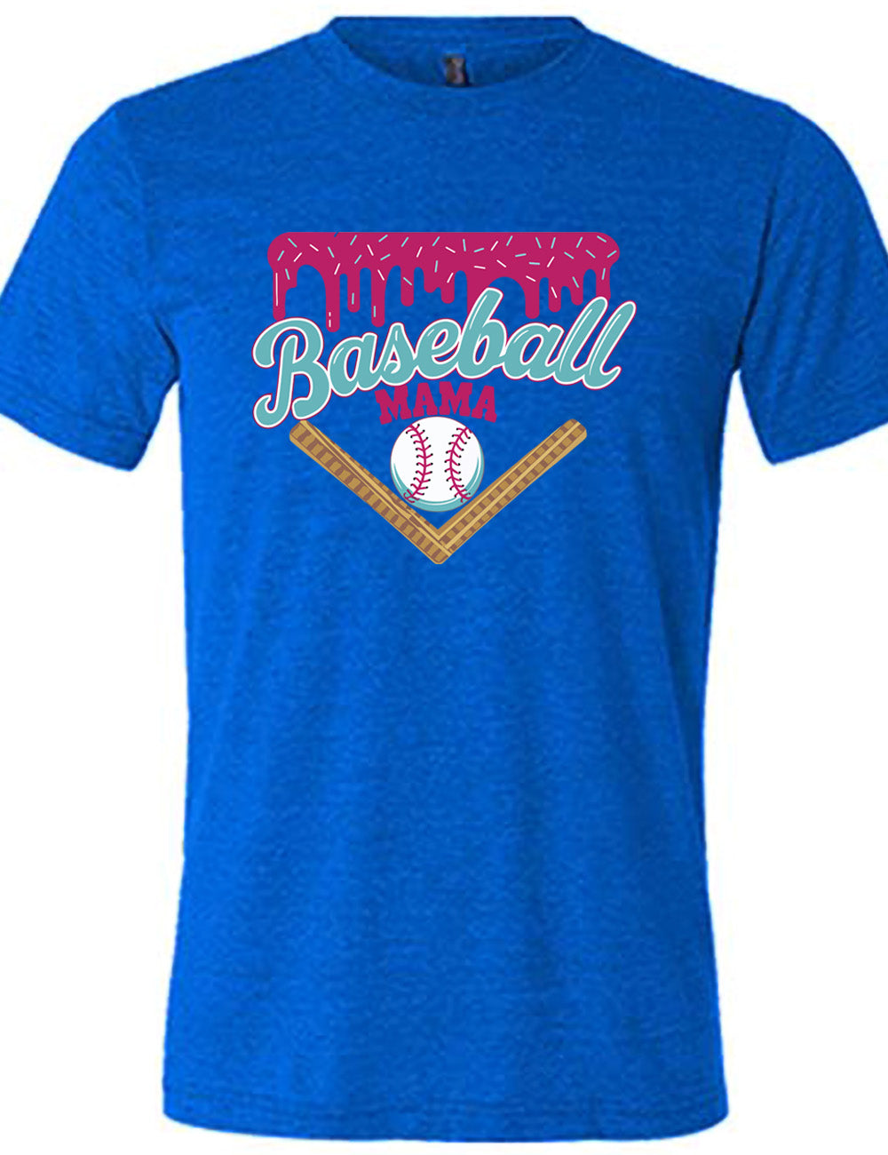 blue unisex tee with the words "baseball mama" on it, with a border with sprinkles above the words, dripping down, and a baseball underneath the words, and a border in a V below everything