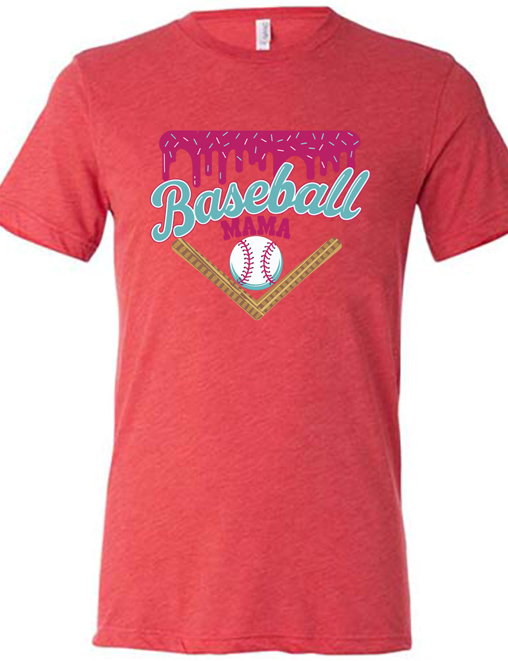 red unisex tee with the words "baseball mama" on it, with a border with sprinkles above the words, dripping down, and a baseball underneath the words, and a border in a V below everything