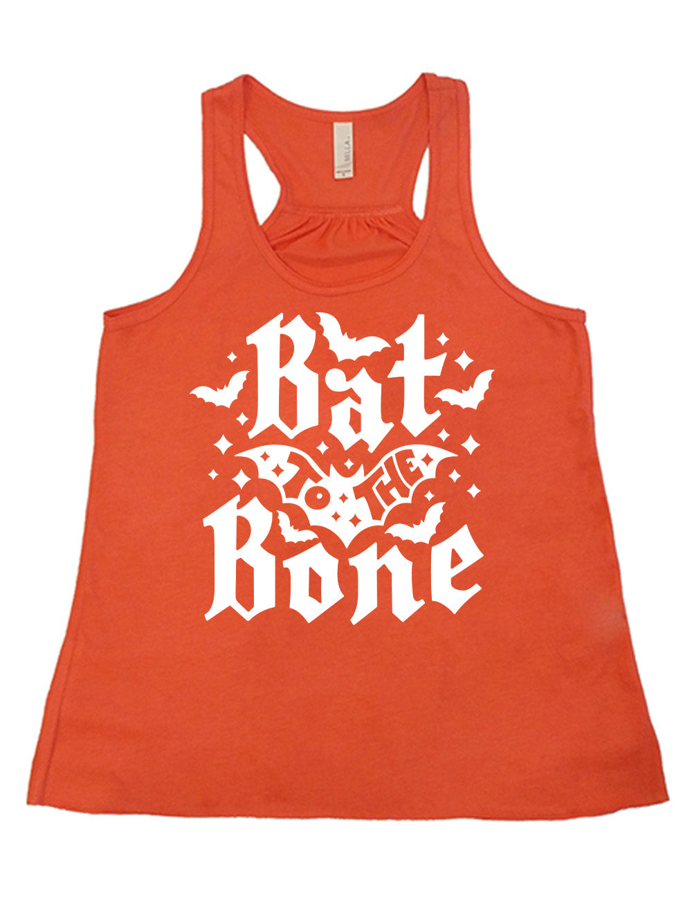 coral flowy racerback tank with the words "bat to the bone" on it, with the words "to the" on top of a bat, and a number of other bats around the words, as well as some stars
