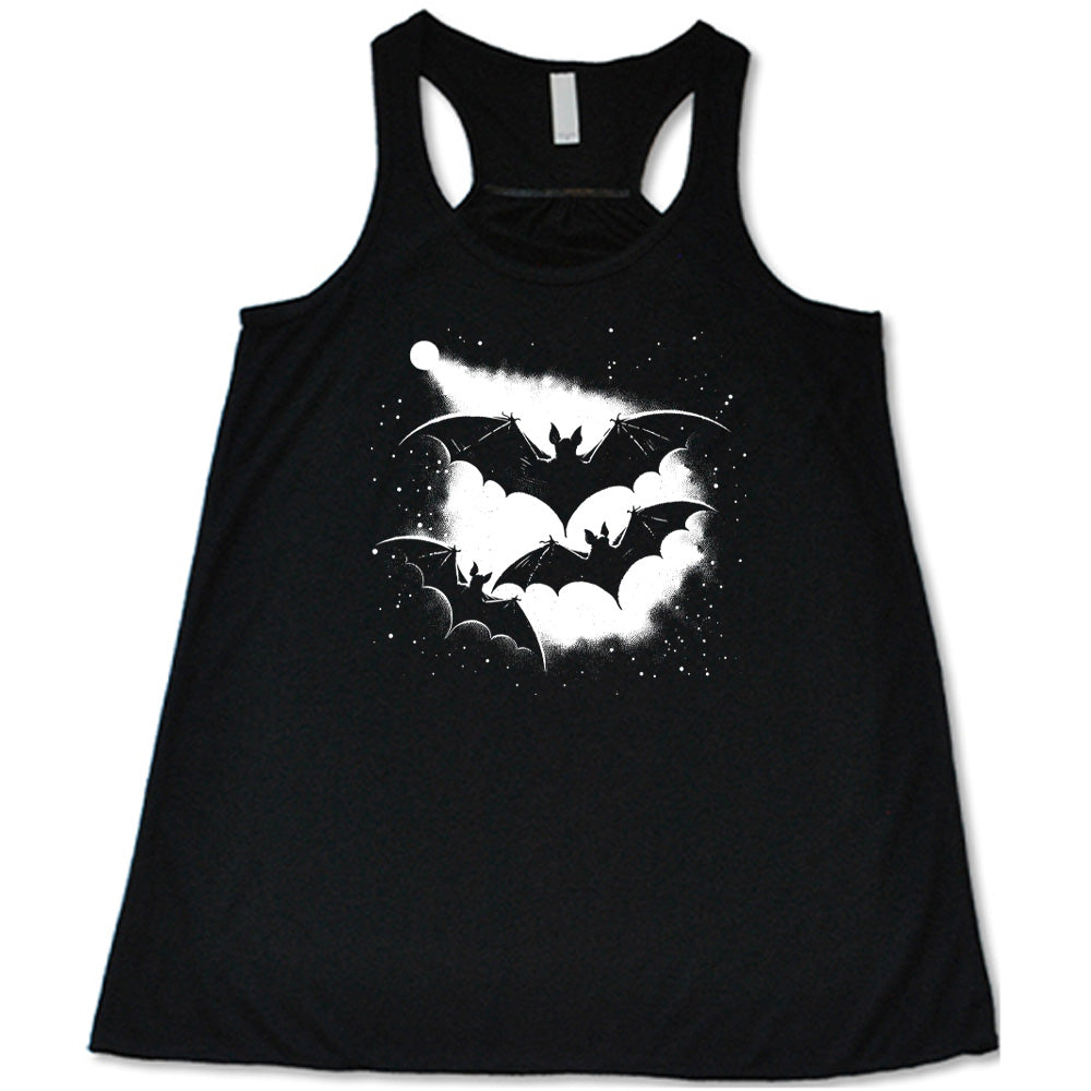 Black colored flowy tank with bats silhouette graphic on it