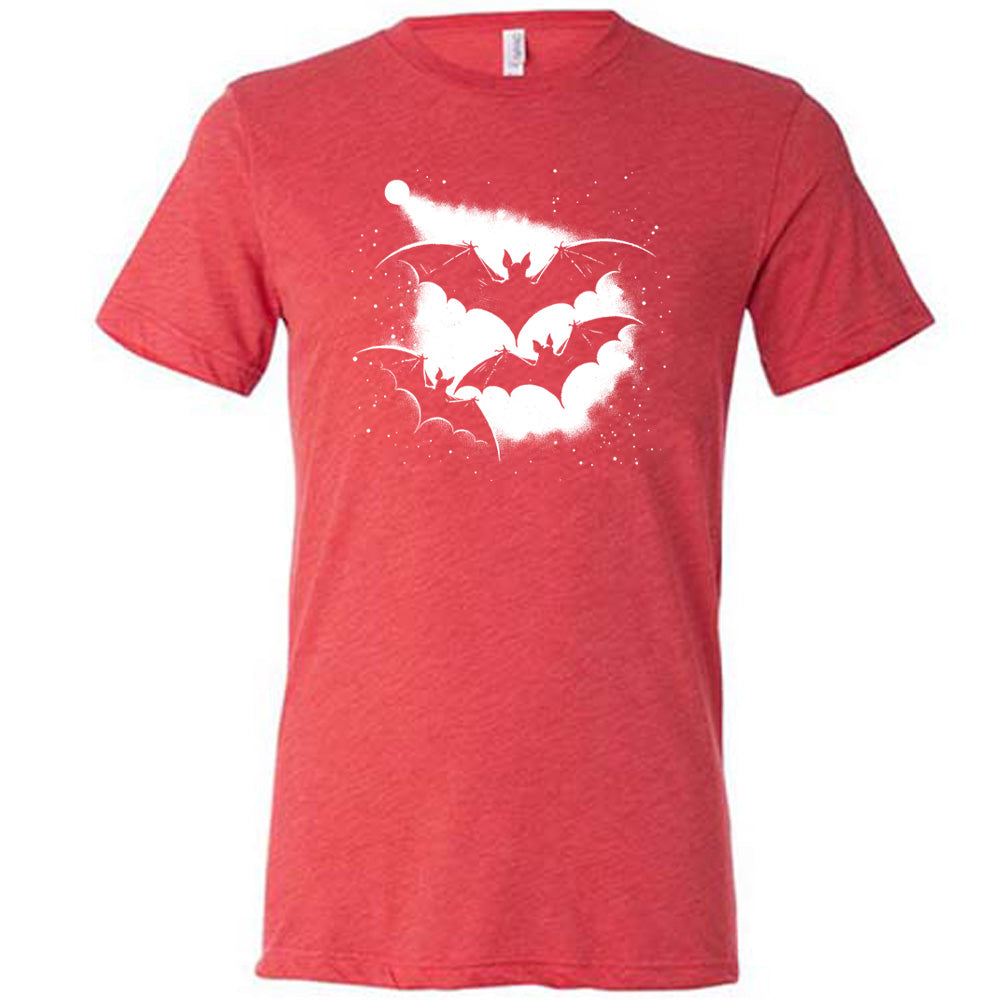 Red colored shirt with bats silhouette graphic on it