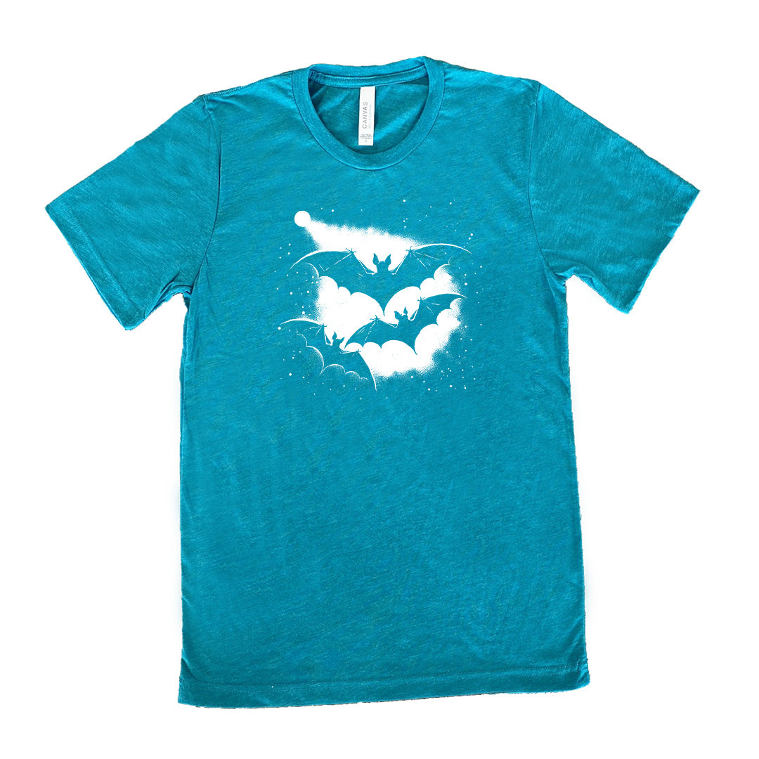 Teal colored shirt with bats silhouette graphic on it