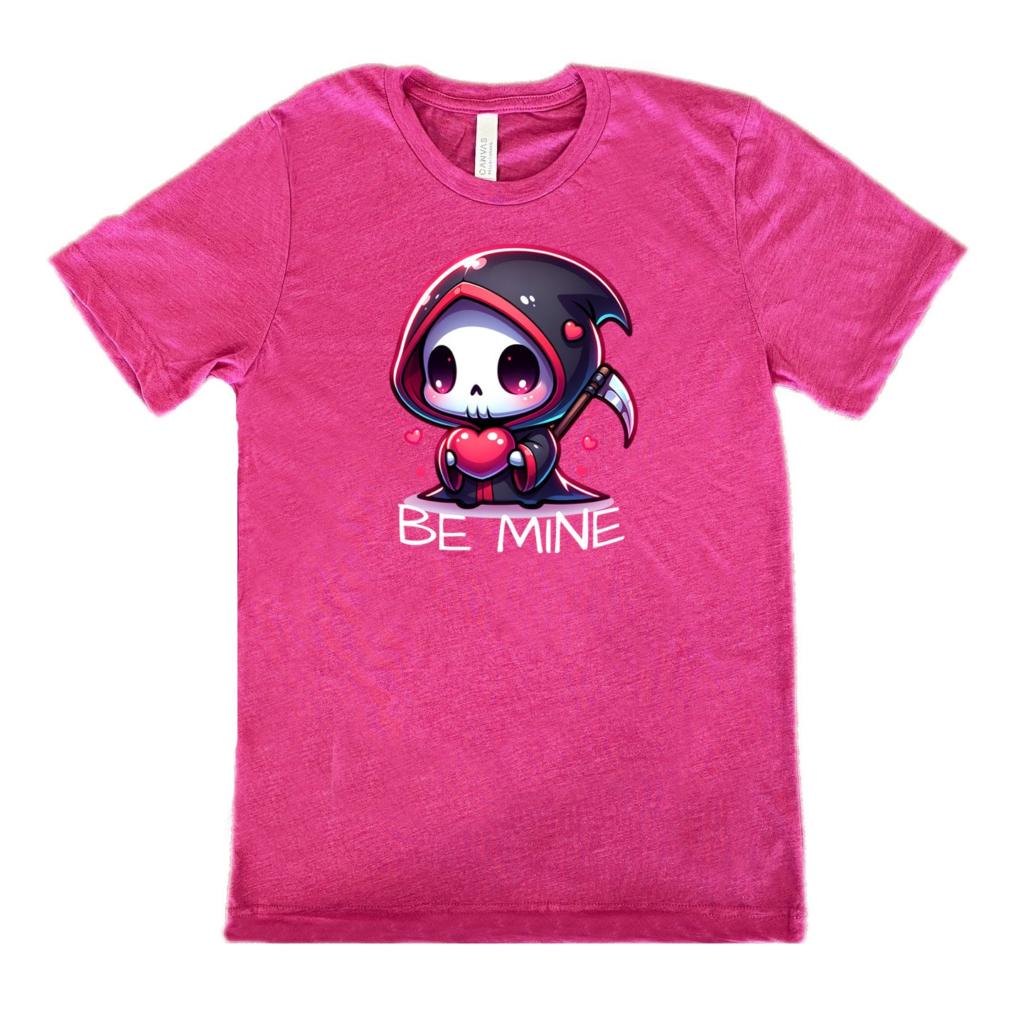 berry unisex tee with large graphics of a cartoony grim reaper holding a heart, with little hearts surrounding, and the words "be mine" on it