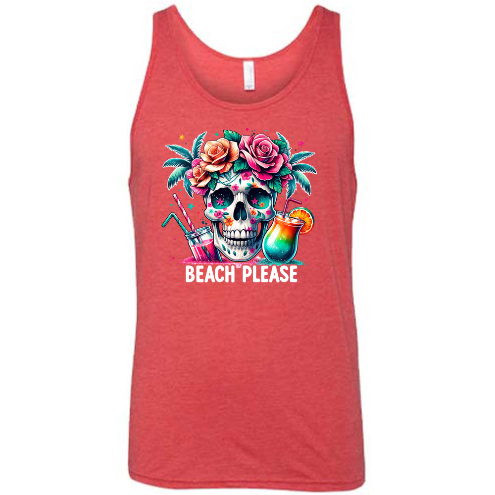 Red colored tank with a flowery skull and drinks graphic on it that says "Beach Please" 