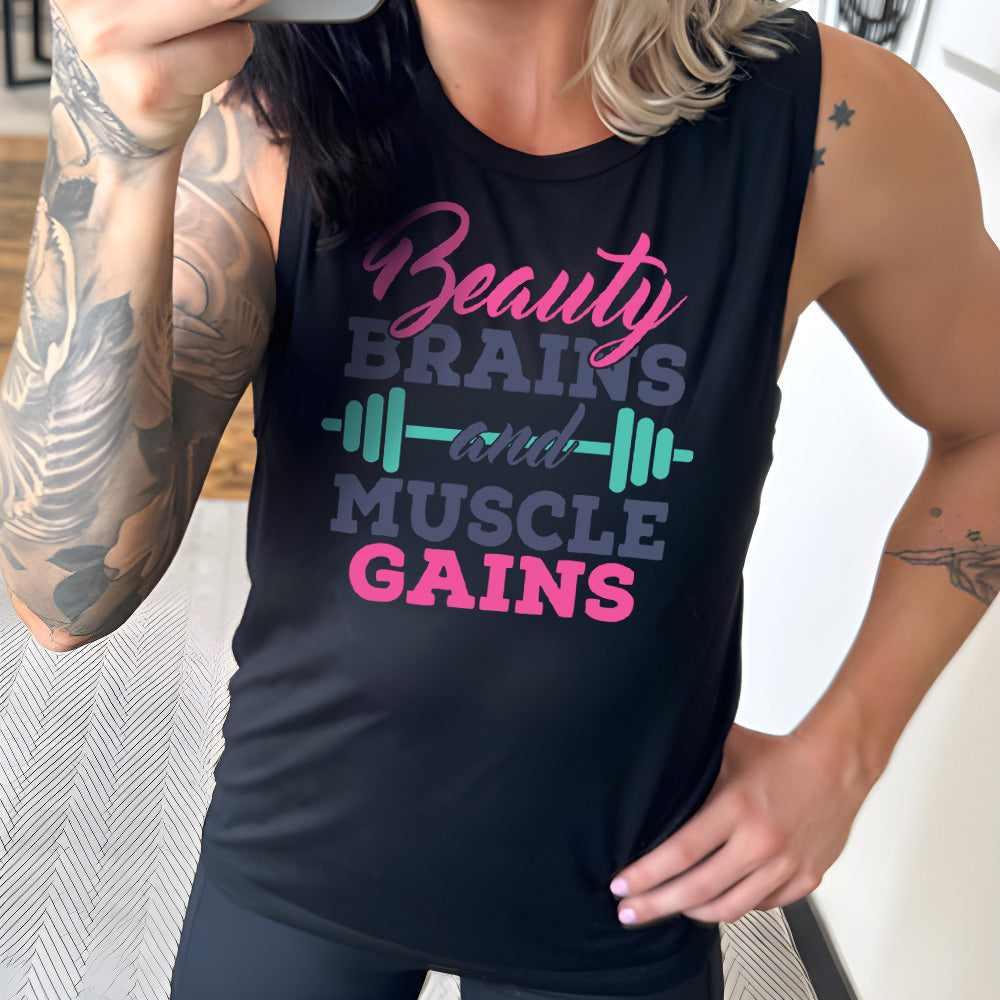 Black Muscle Tank, with wording Beauty Brains and Muscle Gains, with a barbell
