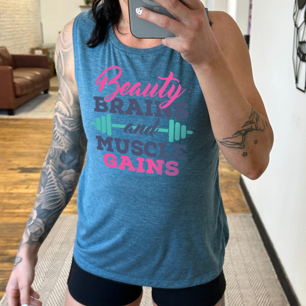 Deep Teal Muscle Tank, with wording Beauty Brains and Muscle Gains, with a barbell
