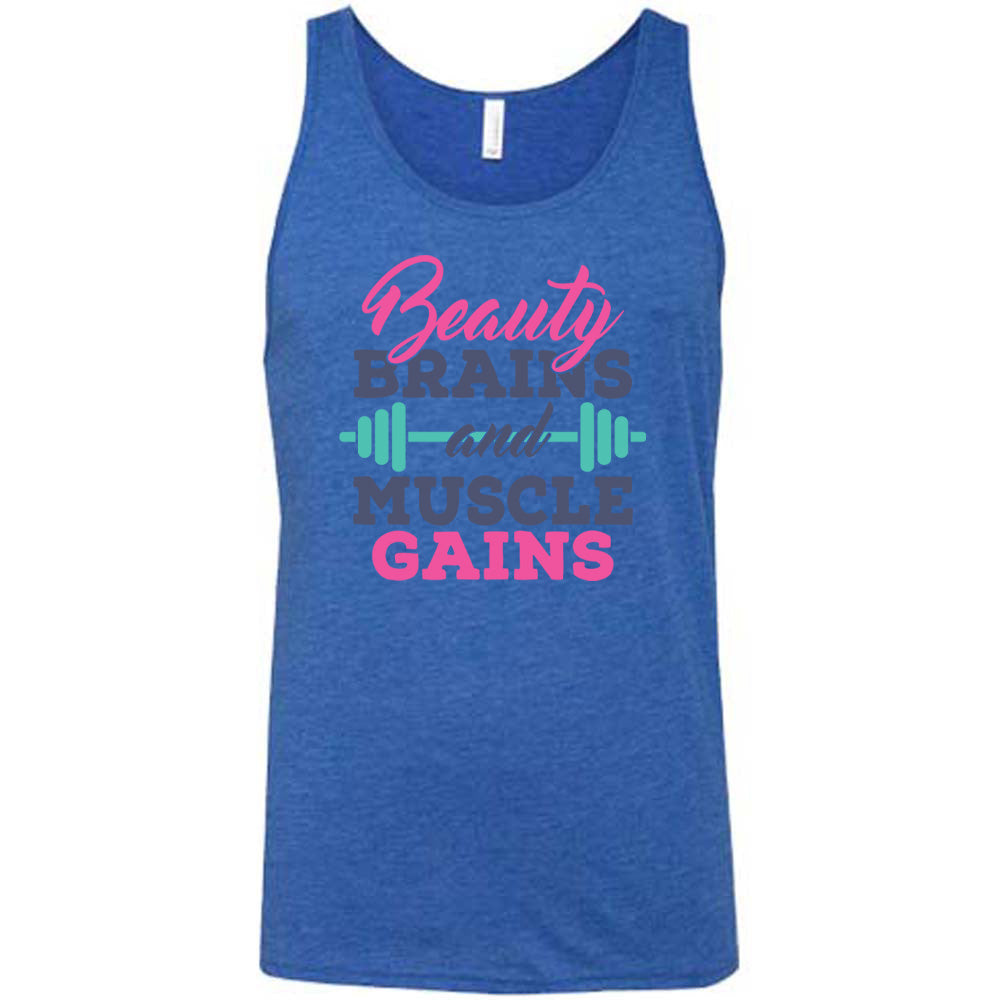 Blue Unisex Tank, with wording Beauty Brains and Muscle Gains, multicolored lettering with a barbell