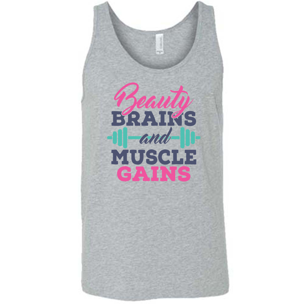 Grey Unisex Tank, with wording Beauty Brains and Muscle Gains, multicolored lettering with a barbell