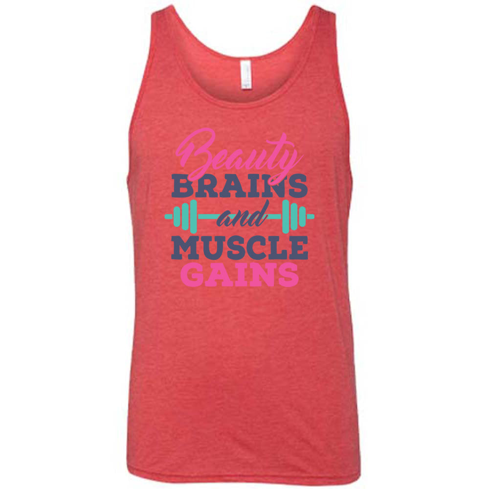 Red Unisex Tank, with wording Beauty Brains and Muscle Gains, multicolored lettering with a barbell