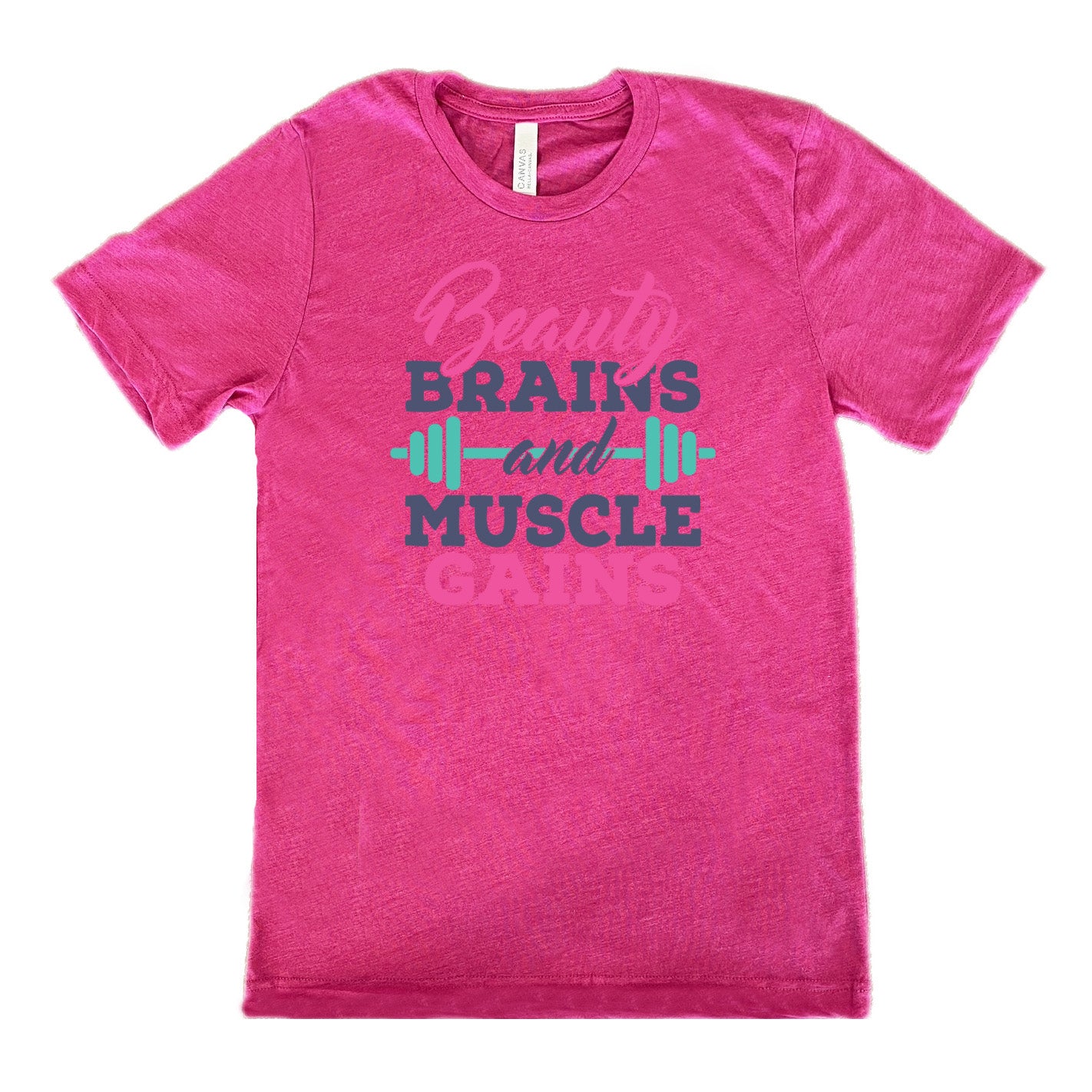 Berry Unisex Tee, with wording Beauty Brains and Muscle Gains, multicolored lettering with a barbell