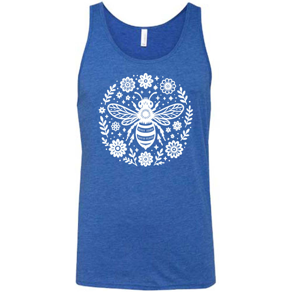 blue unisex tank with the graphic of a boho circled design filled with flowers of varied size, some branches, some stars, and in the center a fancy bee