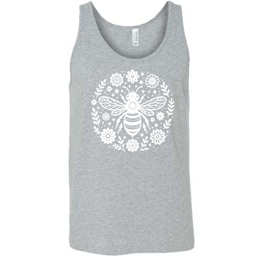 grey unisex tank with the graphic of a boho circled design filled with flowers of varied size, some branches, some stars, and in the center a fancy bee
