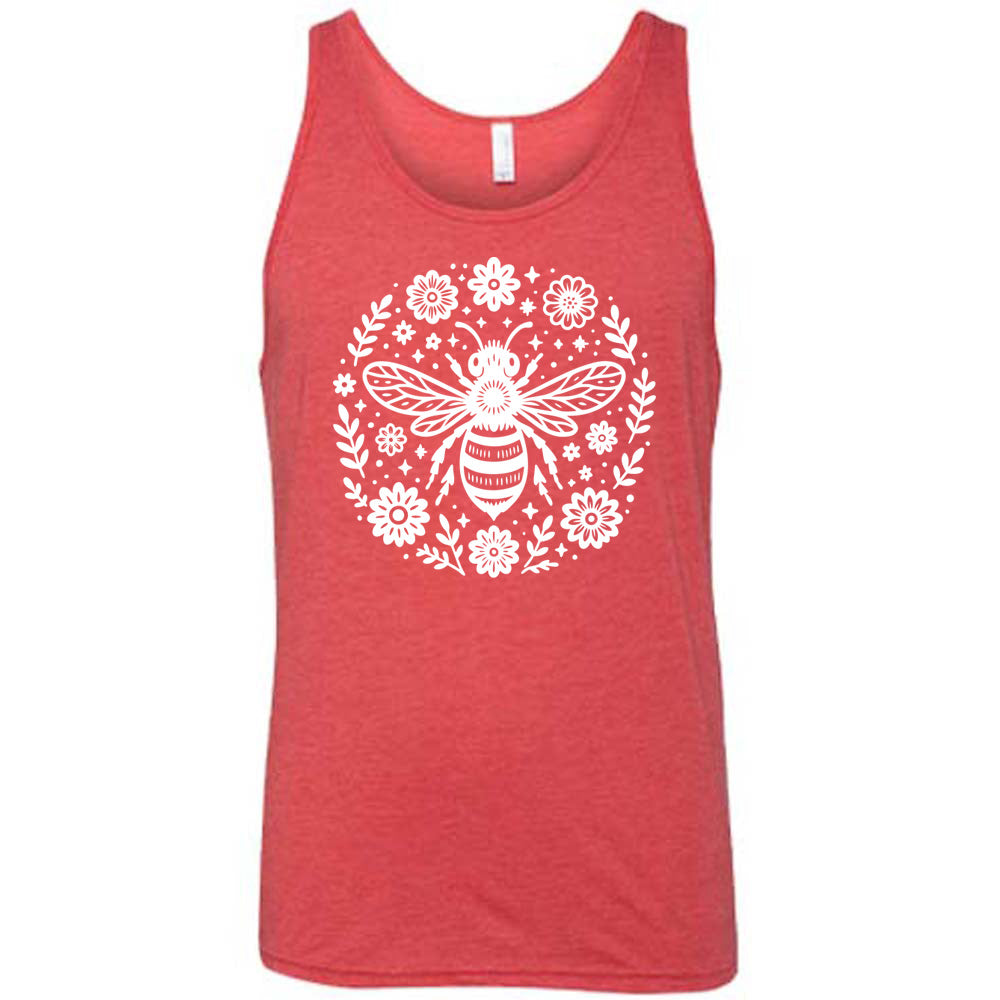 red unisex tank with the graphic of a boho circled design filled with flowers of varied size, some branches, some stars, and in the center a fancy bee