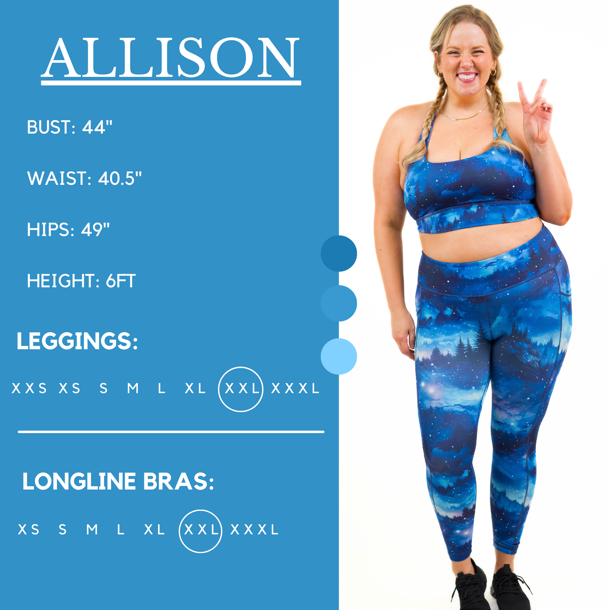 Model's measurements of 44 inch bust, 40.5 inch waist, 49 inch hips, and height of 6 foot. She is wearing a size xx-large in our leggings