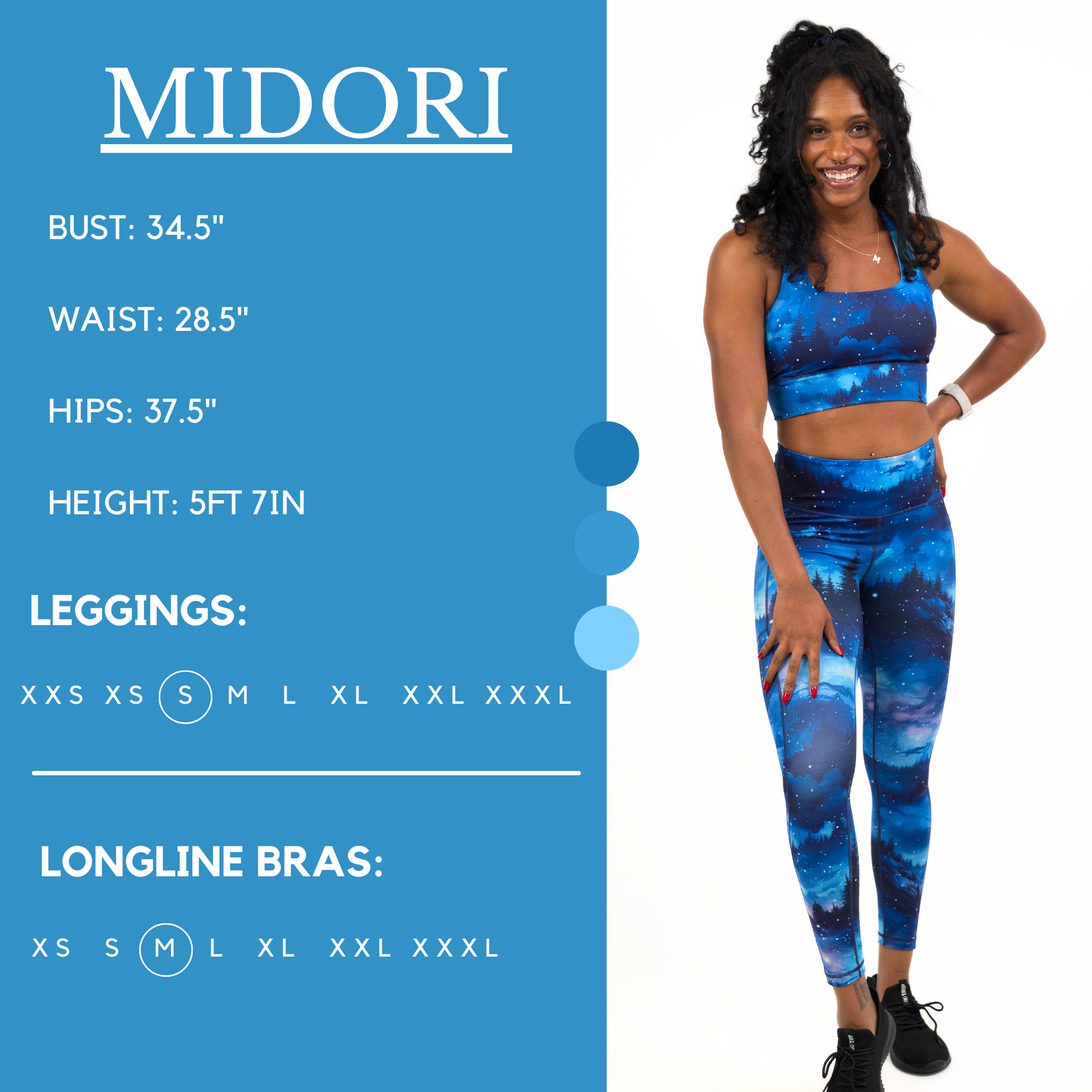 Model’s measurements of 34.5” bust, 28.5” waist, 37.5” hips and height of 5 ft 7 inches. She is wearing a size small in our leggings