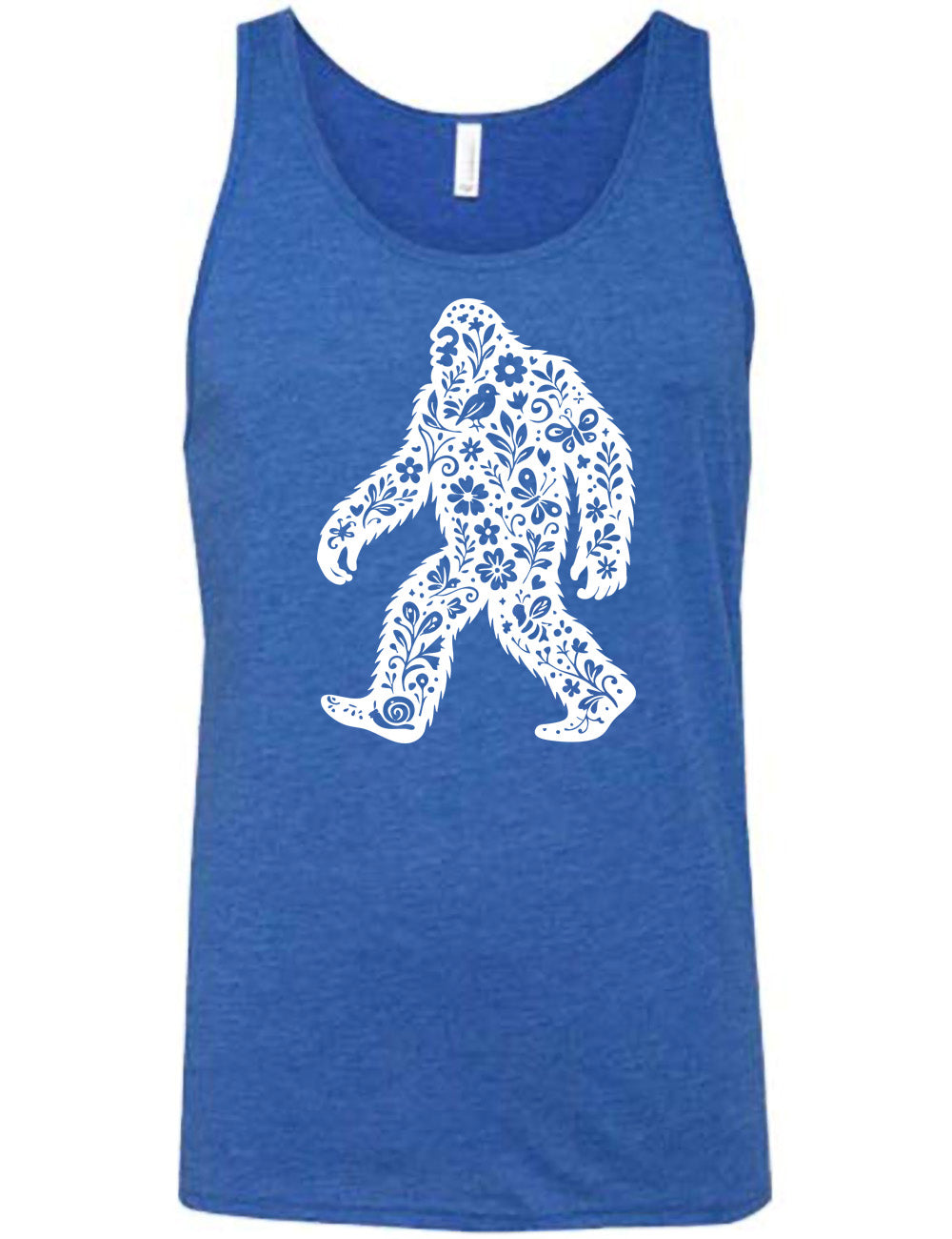 blue unisex tank with the graphic white cutout of bigfoot, which is overlayed with black flowers, plants, birds, bees, snails, and butterflies