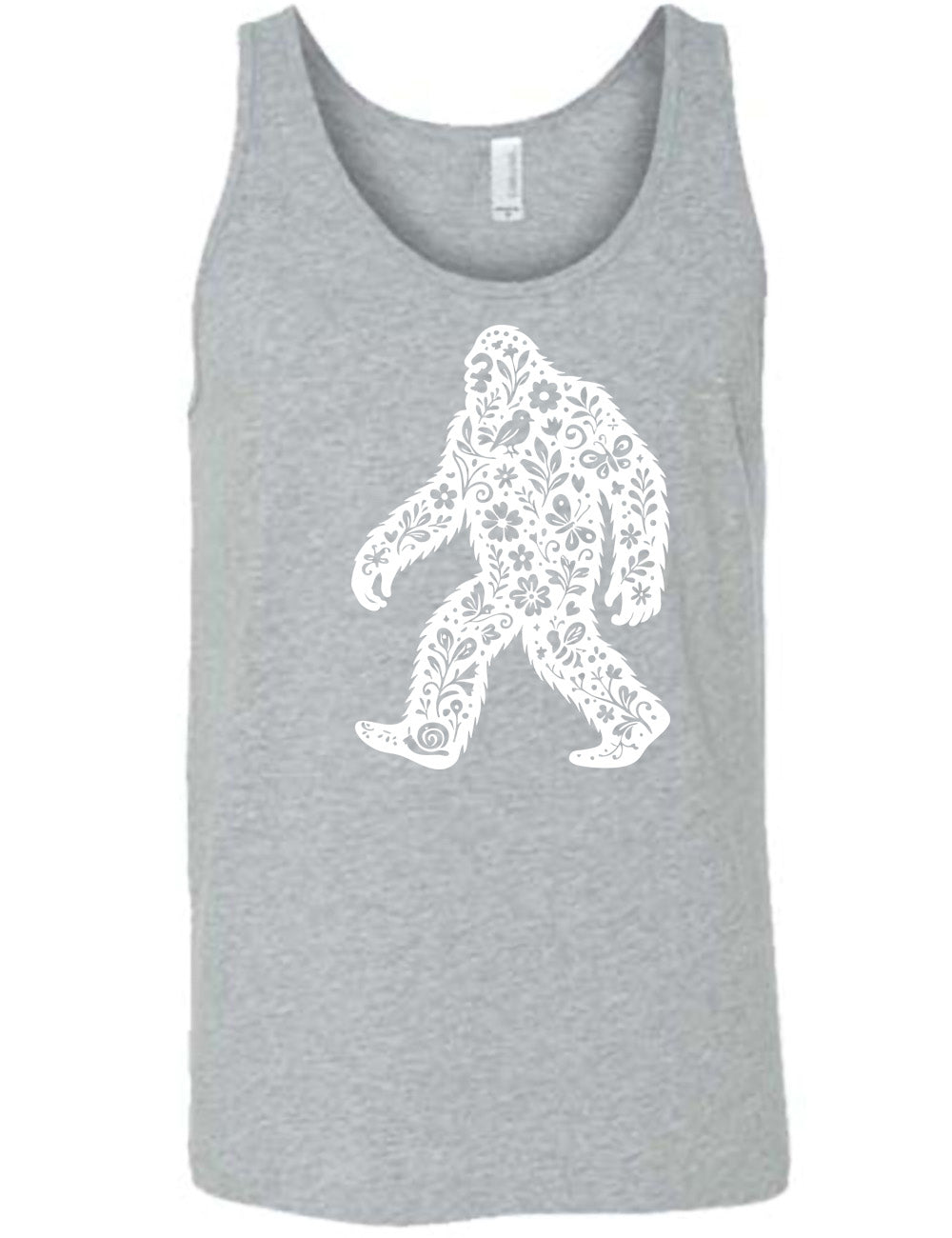 grey unisex tank with the graphic white cutout of bigfoot, which is overlayed with black flowers, plants, birds, bees, snails, and butterflies
