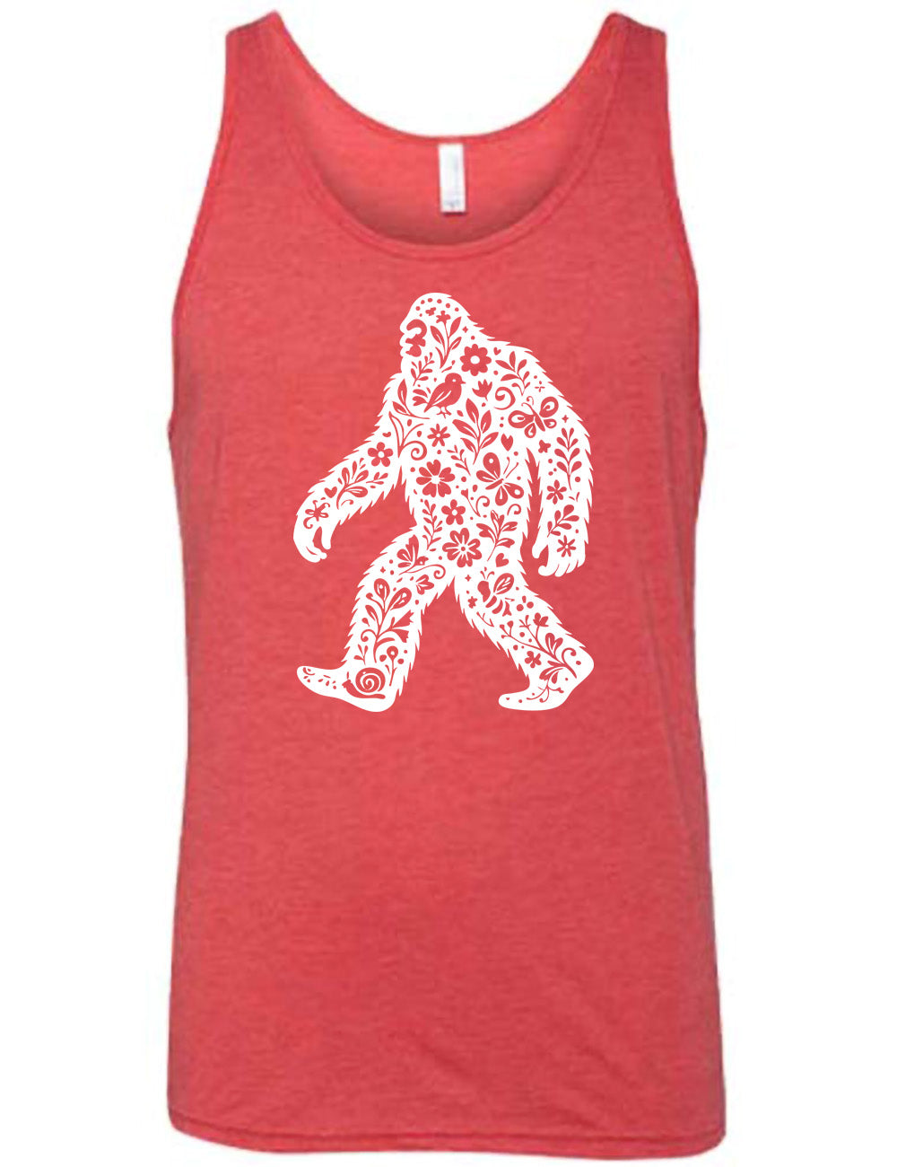 red unisex tank with the graphic white cutout of bigfoot, which is overlayed with black flowers, plants, birds, bees, snails, and butterflies