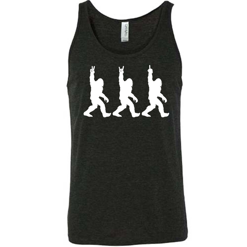 Black colored tank with bigfoot doing peace sign graphic on it