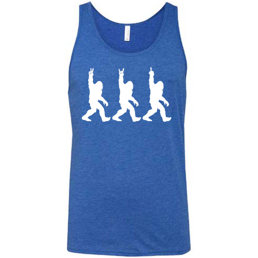 Blue colored tank with bigfoot doing peace sign graphic on it