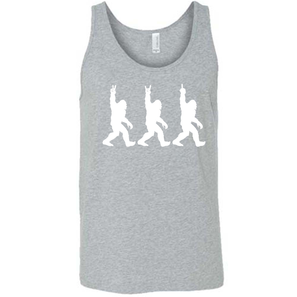Grey colored tank with bigfoot doing peace sign graphic on it