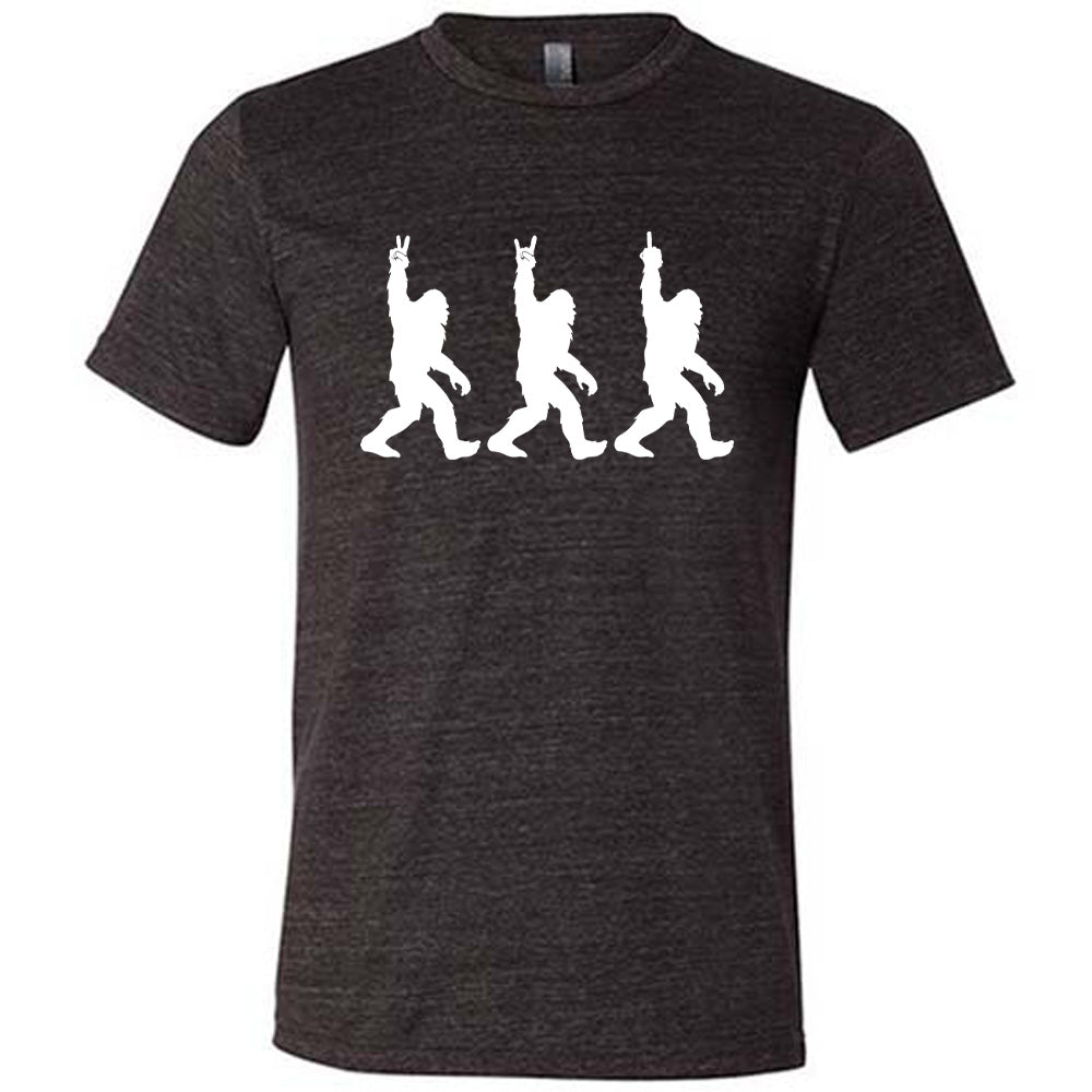 Black colored shirt with bigfoot doing peace sign graphic on it