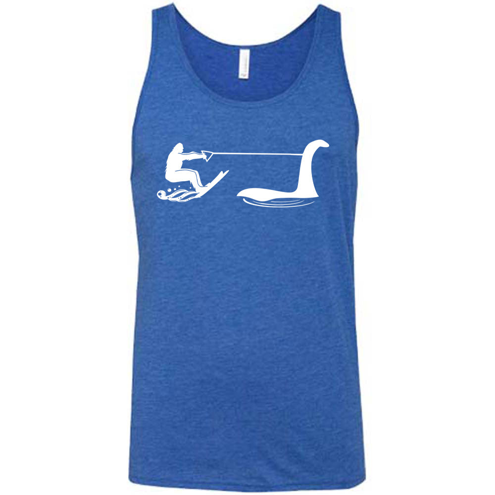 Blue colored tank with bigfoot wakeboarding with Nessie graphic on it