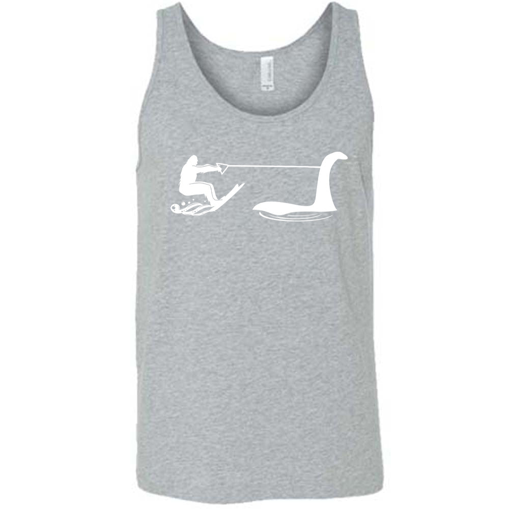 Grey colored tank with bigfoot wakeboarding with Nessie graphic on it