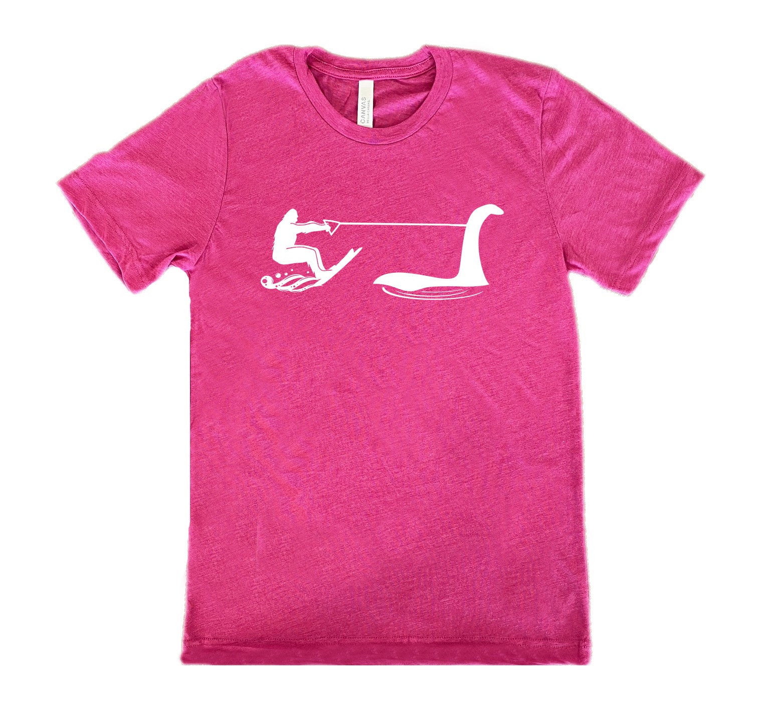 Berry colored shirt with bigfoot wakeboarding with Nessie graphic on it