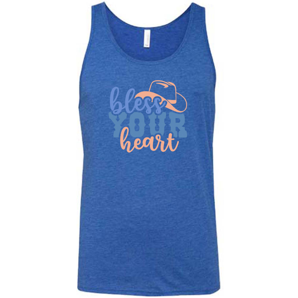 Blue colored tank with a cowboy hat graphic on it that says "Bless Your Heart" 