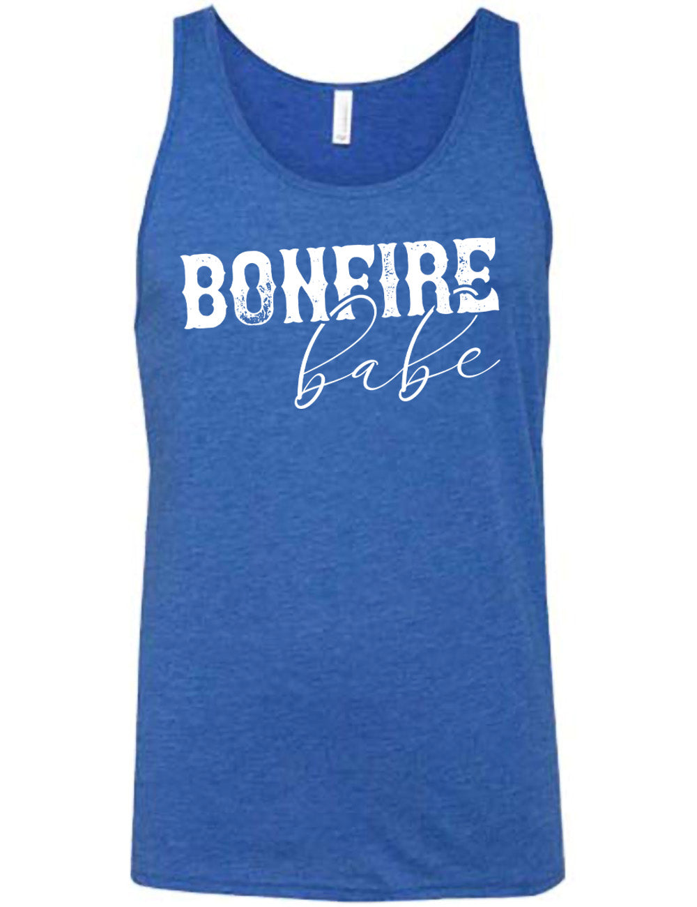 blue unisex tank with the words "bonfire babe" on it
